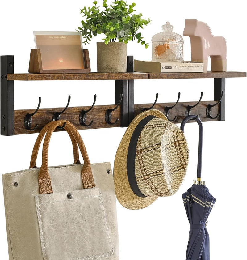YMYNY Coat Rack Shelf Wall Mounted, Coat Hooks Set of 2, Entryway Coat Hanger with 8 Hooks, 31.5" Wall Floating Shelf with Hat Rack, for Kitchen, Bedroom, Bathroom, Rustic Brown UHWS001H-2 - Image 1
